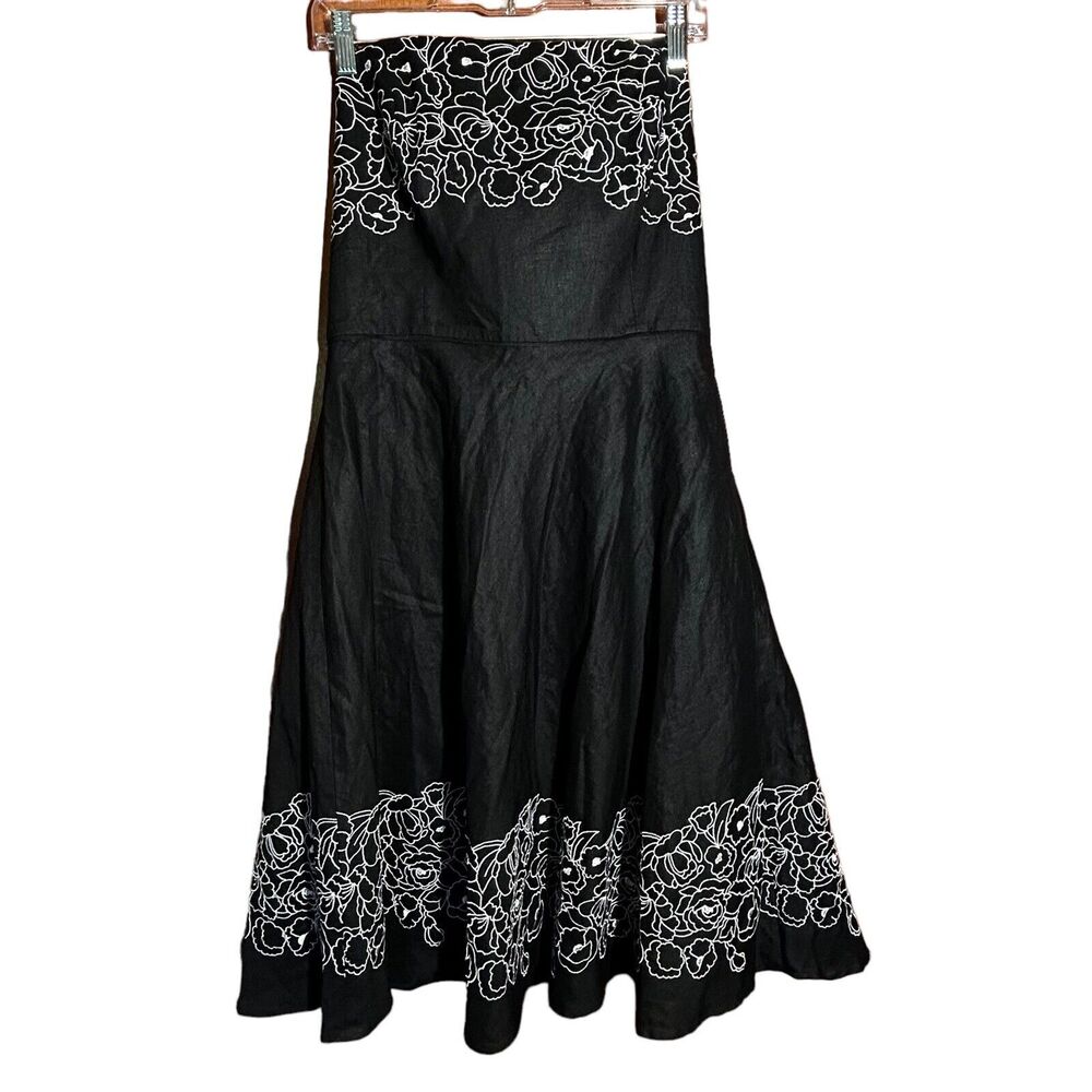 LOFT Ann Taylor Black Linen Floral Embroidered Strapless A-Line Dress Size 12